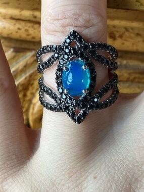 Blue Ethiopian Opal Black Spinel Sterling Silver Ring Size 7.75